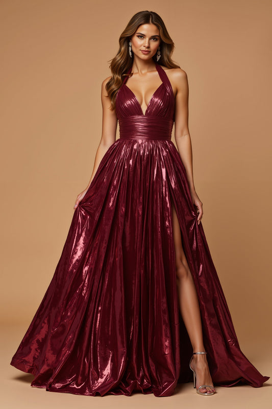 Robe de fête métallique trapèze dos nu bordeaux