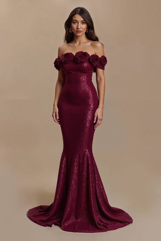 Robe de soirée sirène bordeaux à épaules dénudées avec fleurs 3D