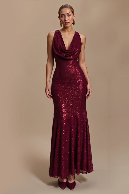 Robe longue de soirée fourreau à col bénitier bordeaux et paillettes