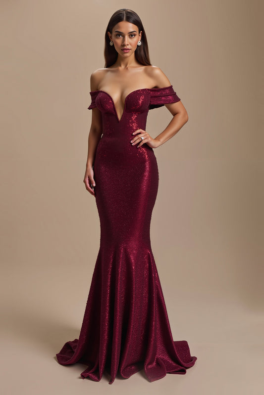 Robe de soirée sirène bordeaux à sequins, épaules dénudées
