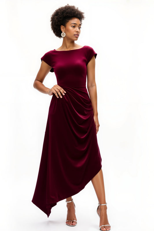 Robe de fête froncée ligne A, col bateau, bordeaux