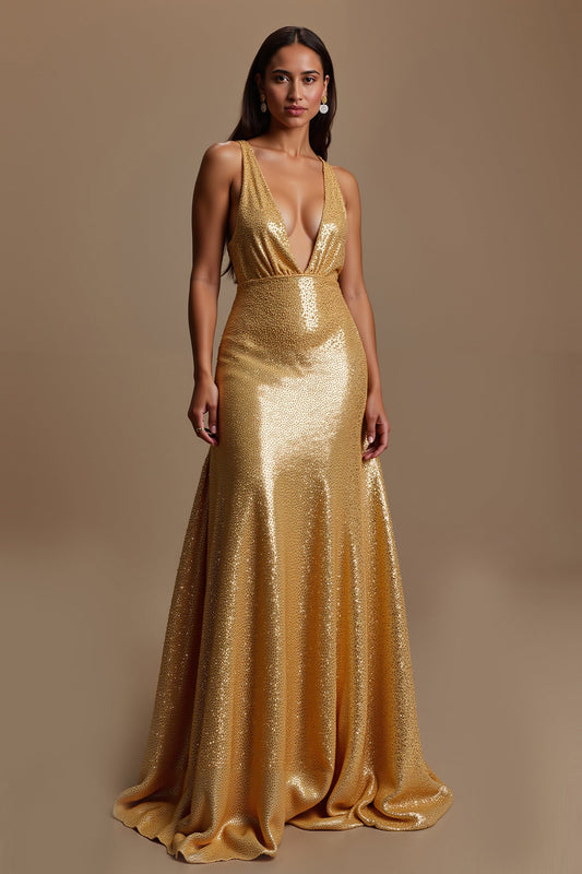 Sparkly Golden A-Line V-Neck Holiday Dress