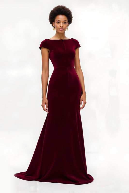 Robe de soirée sirène en velours bordeaux à col bateau