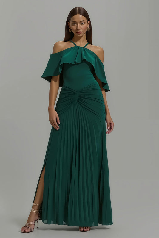 Robe de soirée longue vert foncé plissée à licou à volants