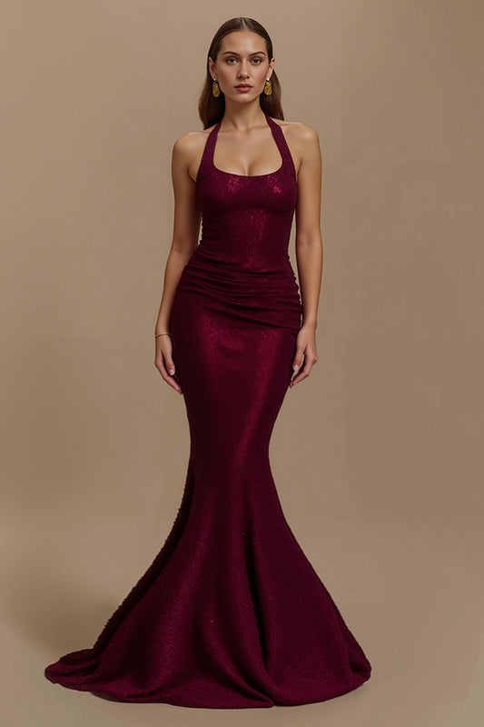 Robe de soirée longue sirène bordeaux pailletée à licou