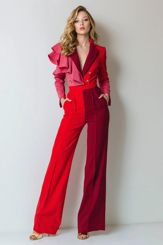 Tailleur deux pièces pour femme, à revers crantés, patchwork rouge, rose et bordeaux, avec volants