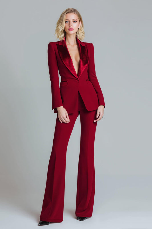 Costume de bal rouge 2 pièces pour femme à revers pointu avec manches