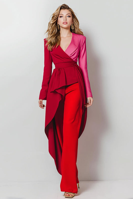 Costumes de bal deux pièces rouges en satin avec revers à revers pour femmes avec manches