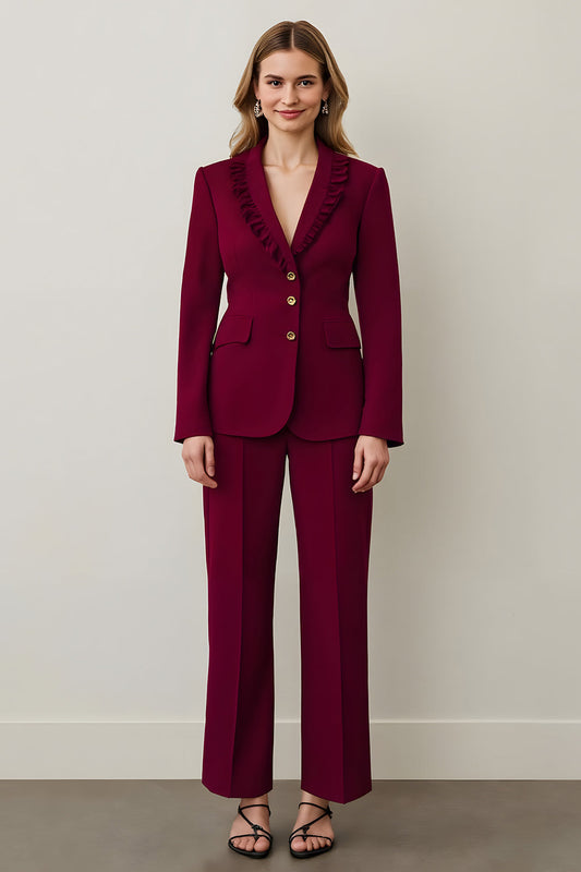 Costume de bal deux pièces bordeaux à revers châle et volants pour femme
