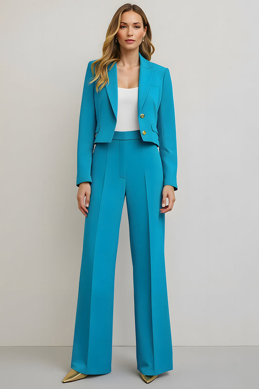 Tailleur de soirée 2 pièces bleu en satin à revers pointus pour femme