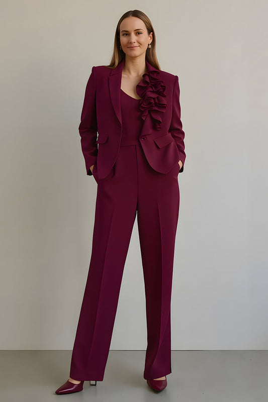 Ensemble 2 pièces bordeaux avec volants en satin pour femme avec poches