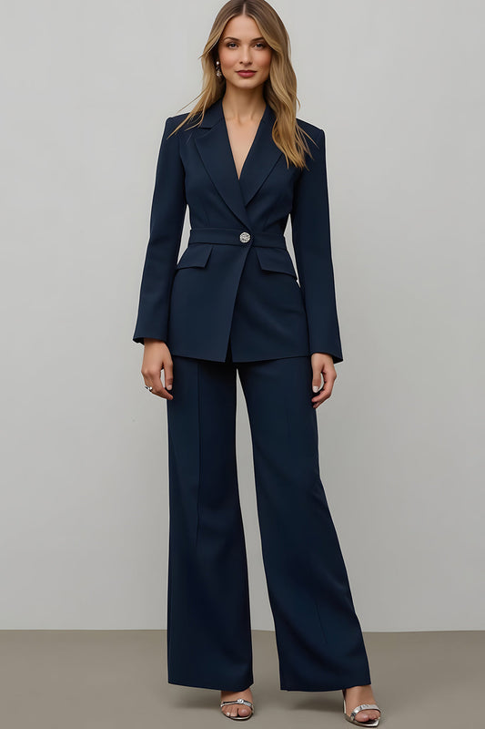 Costume de bal 2 pièces en satin bleu marine avec revers cranté pour femme