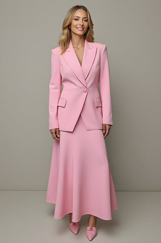 Pink 2-Piece A-Line Satin Peak Lapel One-Button Business Suit