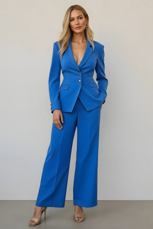 Costumes d'affaires 2 pièces en satin bleu à simple boutonnage avec poches