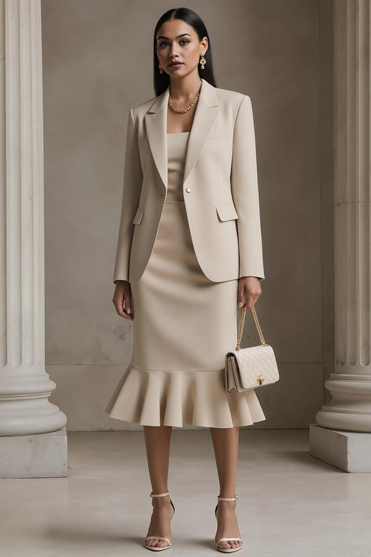 Robe d'affaires midi crayon champagne avec revers cranté 2 piÚces