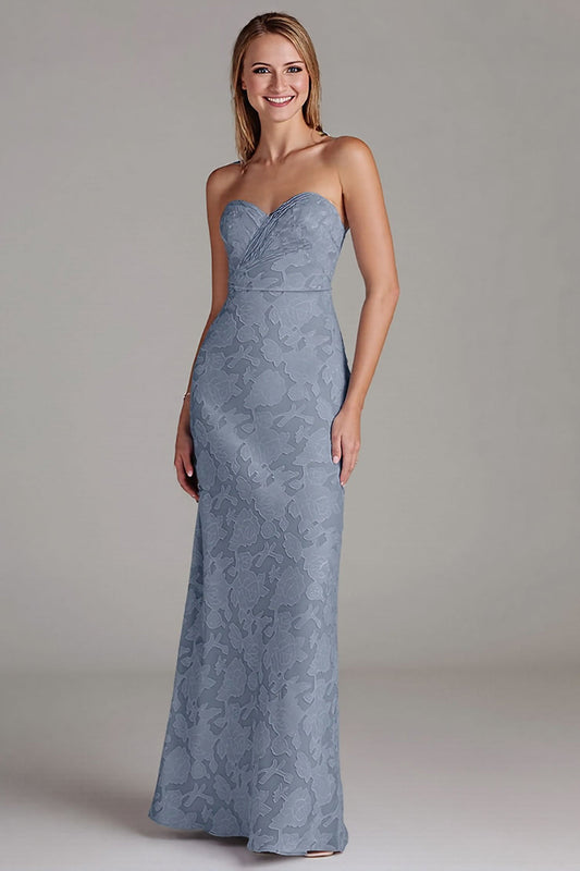Robe de demoiselle d'honneur longue fourreau bustier bleu poussière