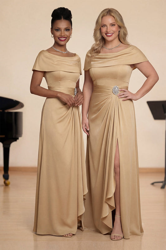 Champagne Off-The-Shoulder Ruched A-Line Choir Dress with Slit