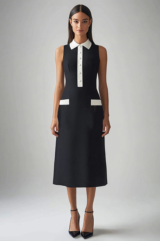 Robe de travail mi-longue en satin noir et blanc avec col officier