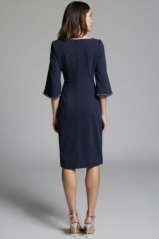 Robe de travail mi-longue fourreau bleu marine en satin avec manches