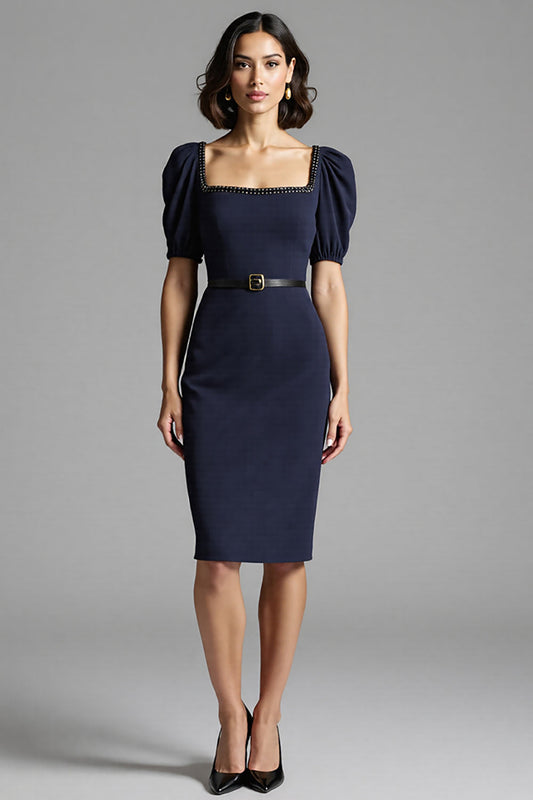 Robe de travail midi moulante bleu marine avec ceinture