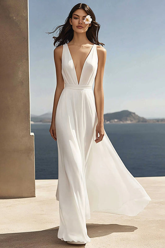 Robe longue de fiançailles fourreau en mousseline de soie ivoire à col en V profond style plage