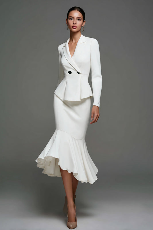 Robe blazer midi en ivoire à revers cranté et volants