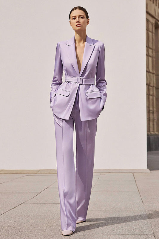 Costume business 2 pièces en satin lilas avec ceinture