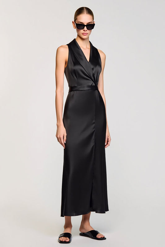 Robe longue de travail fourreau à revers noirs