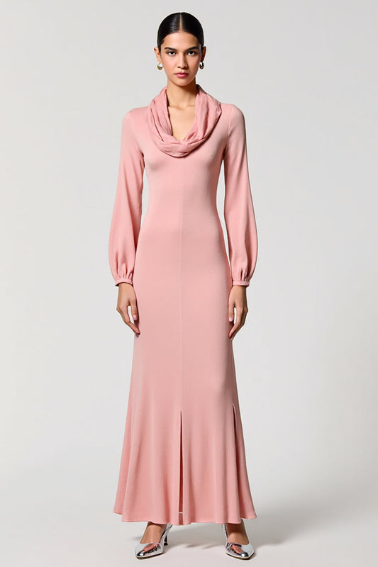 Robe de soirée rose coupe trapèze à col bénitier et manches longues