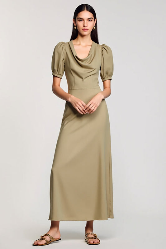 Robe longue fourreau vert olive à col bénitier pour invitée de mariage