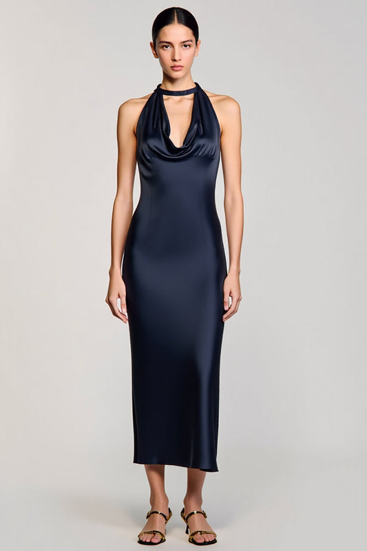 Robe fourreau midi bleu marine avec col américain pour invitée de mariage