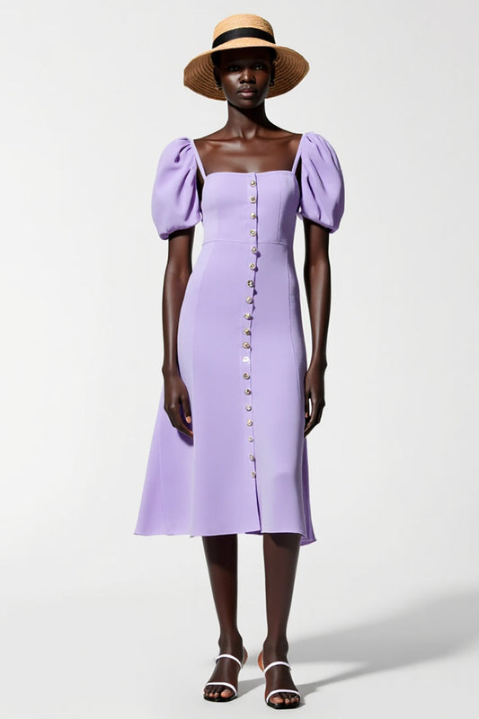 Robe midi violette évasée à manches bouffantes pour invitée de mariage