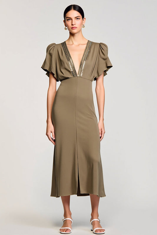 Robe Midi Femme Invitée de Mariage à Paillettes Col V Fourreau Olive