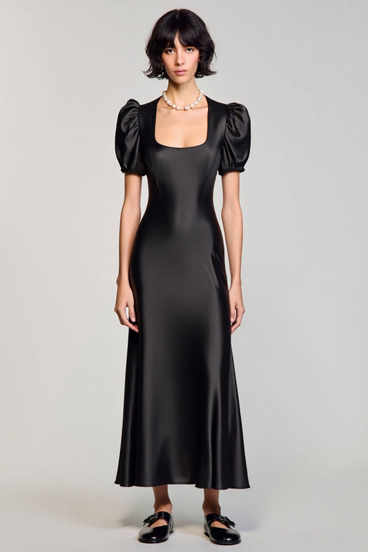 Robe de soirée longue de mariage noire à manches bouffantes