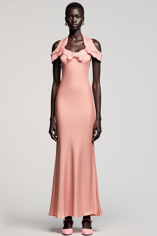 Robe d'invitée de mariage sirène rose à épaules dénudées avec nœud
