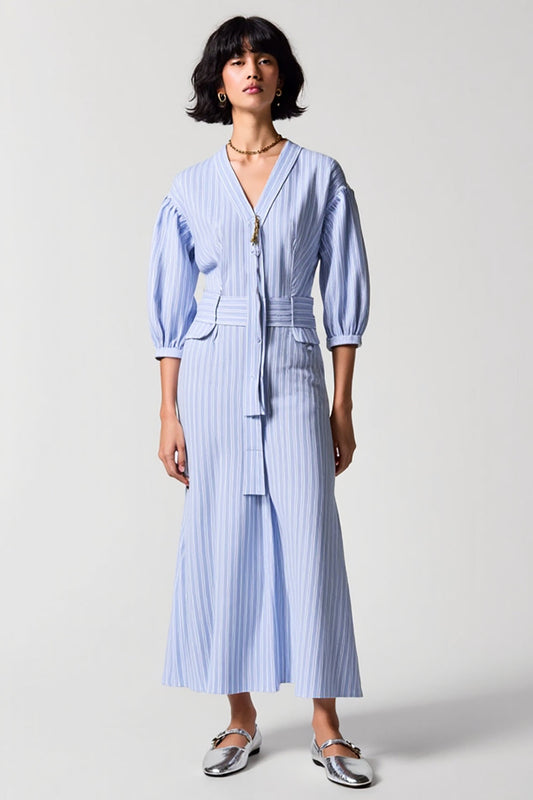 Robe de travail longue bleu à rayures col en V