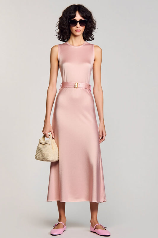 Robe longue de cérémonie rose col rond avec ceinture