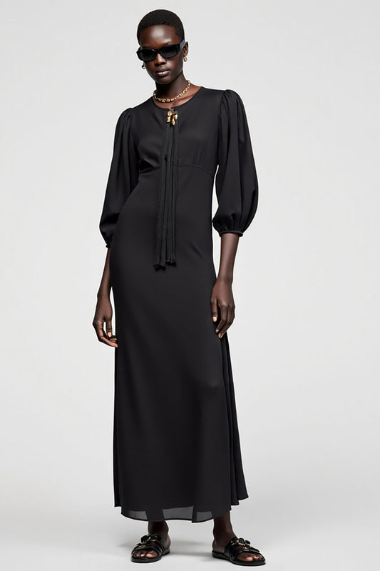 Robe noire trapèze 3/4 manches longue invitée de mariage avec pompon