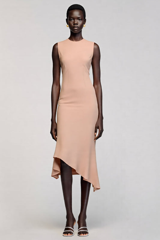 Robe de mariée asymétrique sirène col rond couleur champagne