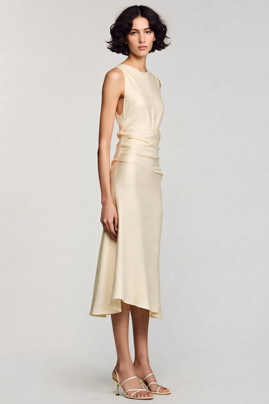 Robe midi de cérémonie trapèze à col rond abricot