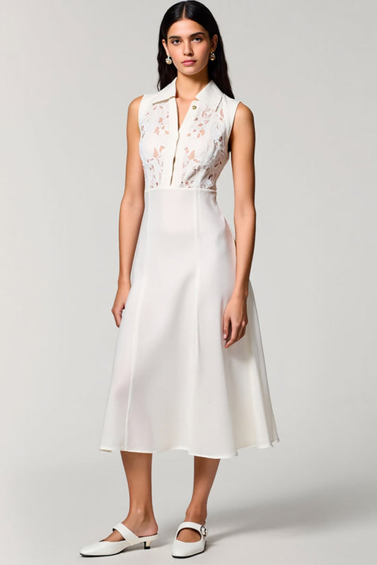 Robe de cocktail mi-longue évasée à col polo en dentelle blanche