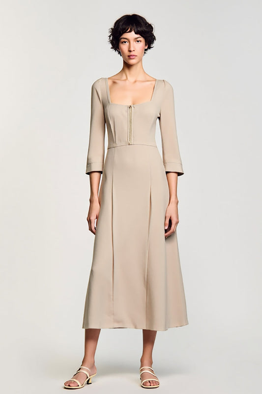 Robe d'invitée de mariage trapèze abricot à col carré et manches 3/4
