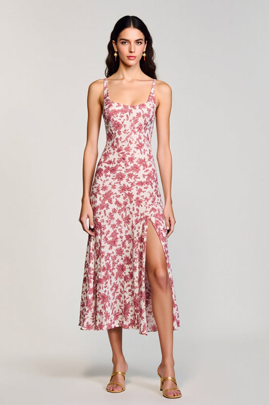 Robe trapèze rouge à col carré avec imprimé floral pour invitée de mariage