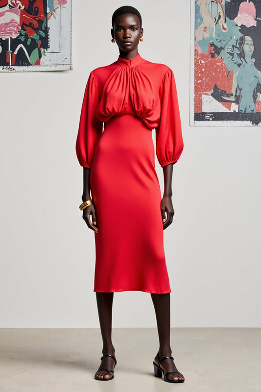 Robe midi rouge fourreau à manches 3/4 pour invitée de mariage