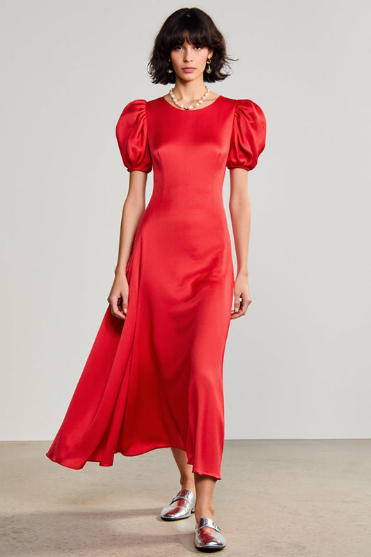 Robe d'invitée de mariage en satin rouge ligne A à manches bouffantes