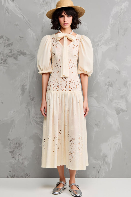Robe Midi Évasée Invité de Mariage en Dentelle Abricot