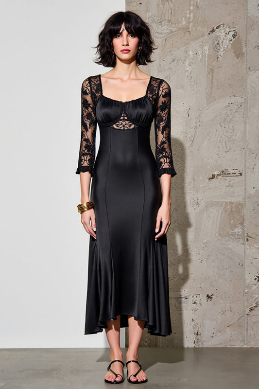 Robe fourreau mi-longue noire de demoiselle d'honneur avec dentelle
