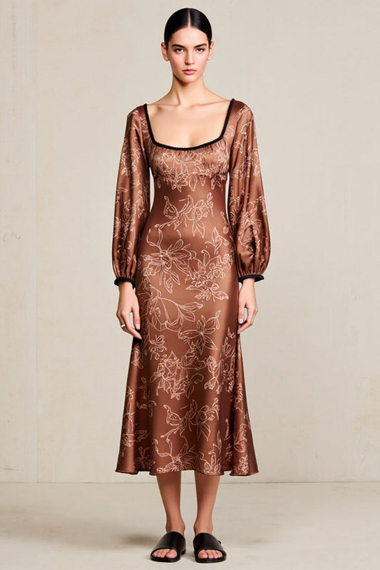 Robe de demoiselle d'honneur longue en satin à manches longues imprimée motif café