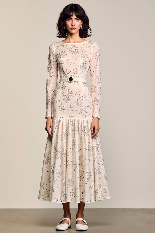 Robe de cérémonie trapèze à manches longues motif floral abricot avec ceinture