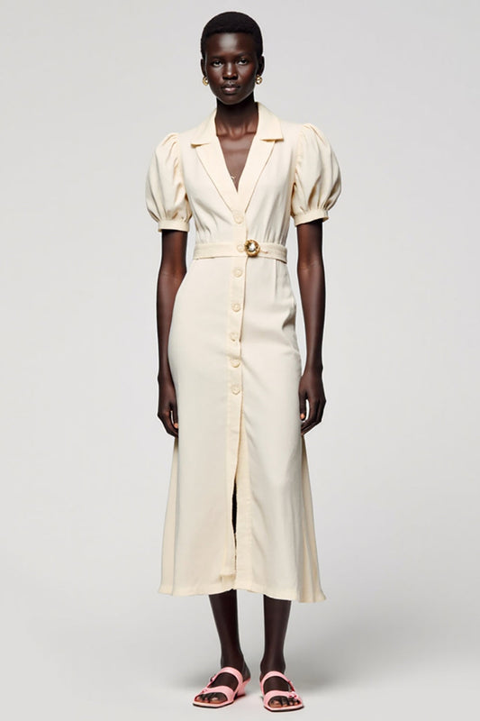 Robe de cérémonie couleur ivoire en V avec ceinture, coupe trapèze